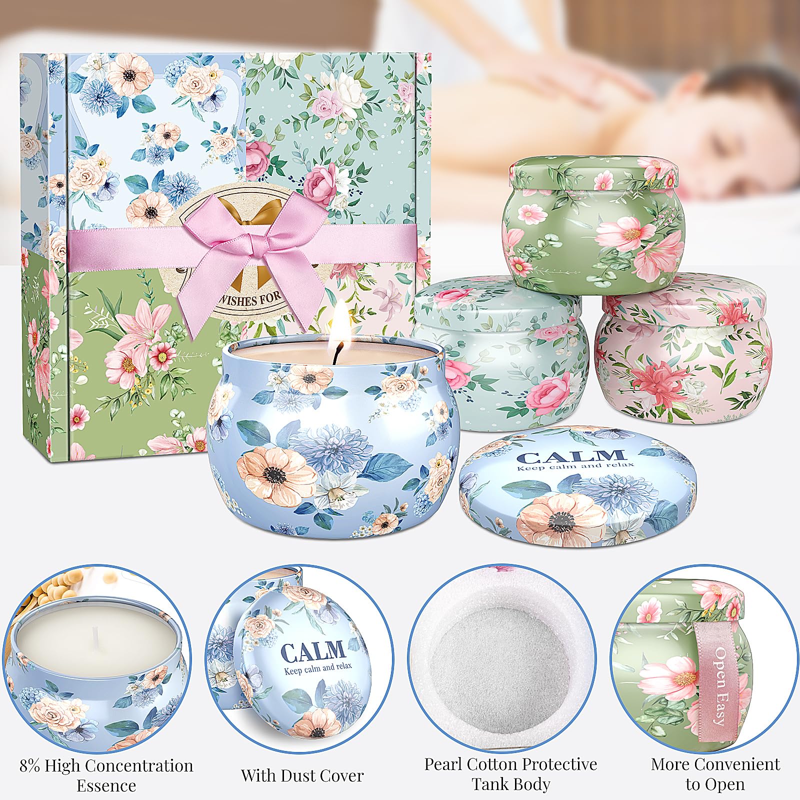 BlissfulOasis Scented Candles Set, 17.6 oz 4 Pack Home Scented Candles, 100-120 Hours Candle Gift for Men and Women, Scented Can